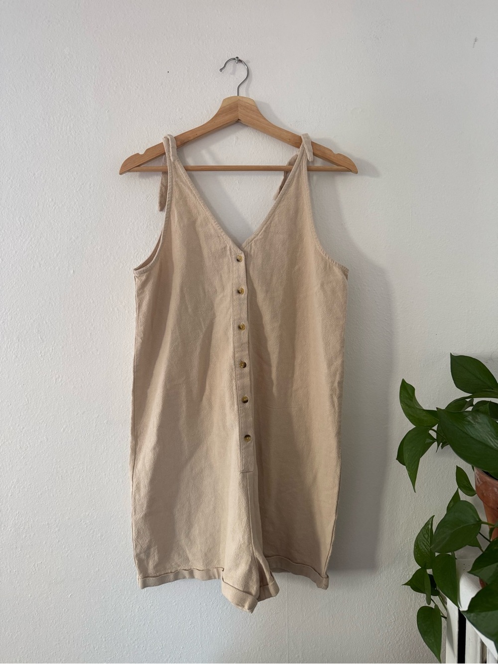 Beige Tie-Shoulder Romper with Front Buttons
